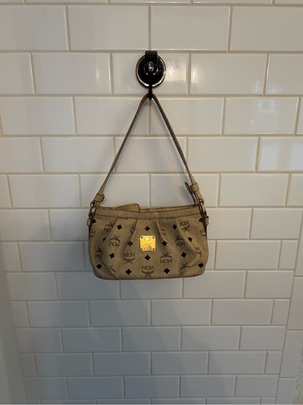 MCM Beige Monogram Shoulder Bag with Gold Plaque